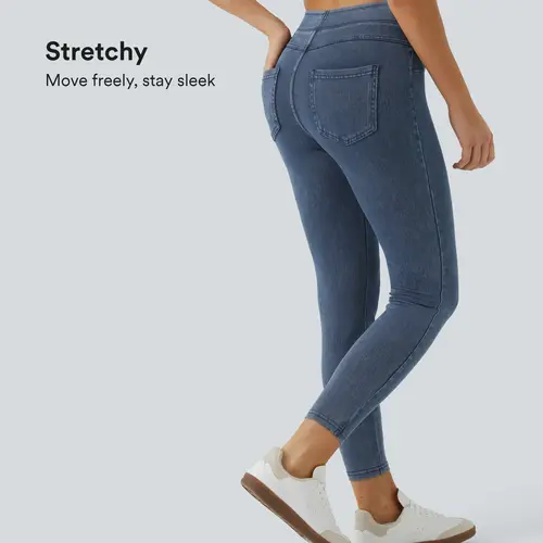 Halara Flex High Waisted Back Side Pocket Stretchy Knit Denim Casual Leggings