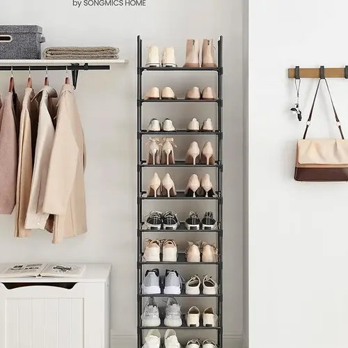 SONGMICS HOME 10-Tier Slim Rectangle Stackable Shoe Shelf - Metal Frame, Non-Woven Fabric Shelves, Split into 2 Racks, Multi-Level Vertical Shoe Storage for Entryway, Bedroom Closet, Easy-Setup Room Storage Organizer