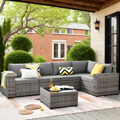 【Deals For You】OVIOS 6-Piece Outdoor Patio Furniture Set, Deep Seat All-Weather Wicker Rattan Modular Sectional Sofa Conversation Set with Thick Cushions for Backyard, Patio, Porch, Deck & Garden