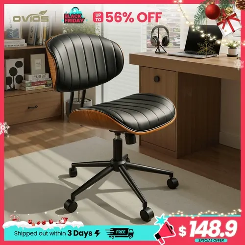 【Deals For You】Ovios Wide Curved Seat&Back Armless Home Office Chair, Adjustable-Height Desk Chair, 360° Swivel&Tilting Function, PU Fabric Stylish Walnut Task Make Up Chair for Meeing Room,Dining Room