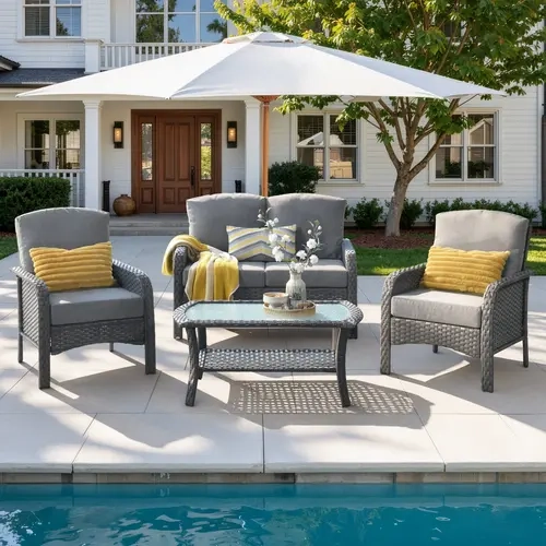 【Deals For You】OVIOS 4-Piece High-Back Outdoor Patio Furniture Set with Coffee Table, All-Weather Grey Wicker Rattan Sofa Conversation Set with Cushions for Backyard, Patio, Porch, Deck, Garden & Poolside