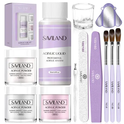 SAVILAND Beginners' Acrylic Nail Kit - Clear, White, Pink Powder Set with Liquid, Brushes, Forms, Dappen Dish | Beauty Products, Nail Care, Acrylic Overlays, French Styles, Selfcare for Home DIY Art