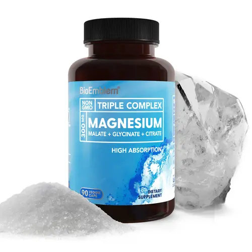 BioEmblem Triple Magnesium Complex, 300mg Elemental Magnesium Per Serving, Magnesium Glycinate Malate Citrate, High Absorption Mineral Supplement, NSF Certified for Sport, Vegan Capsules, Daily Magnesium Support