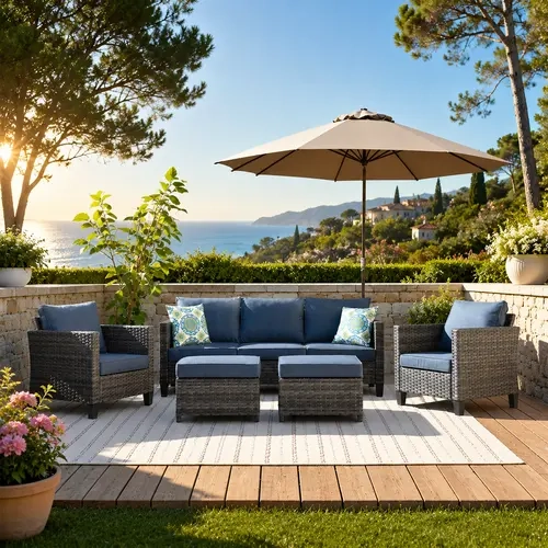 【Deals For You】OVIOS 5-Piece Outdoor Patio Furniture Set with High-Back Sofa & Ottoman Footrests, All-Weather Wicker Rattan Conversation Set with Cushions for Backyard, Patio, Porch, Deck & Garden