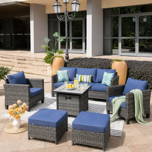 【Deals For You】Ovios 6-Piece Outdoor Patio Furniture Set with 30" Propane Fire Pit Table, All-Weather Wicker Conversation Set with Cushioned Sofa & Chairs for Backyard, Garden, Deck & Patio