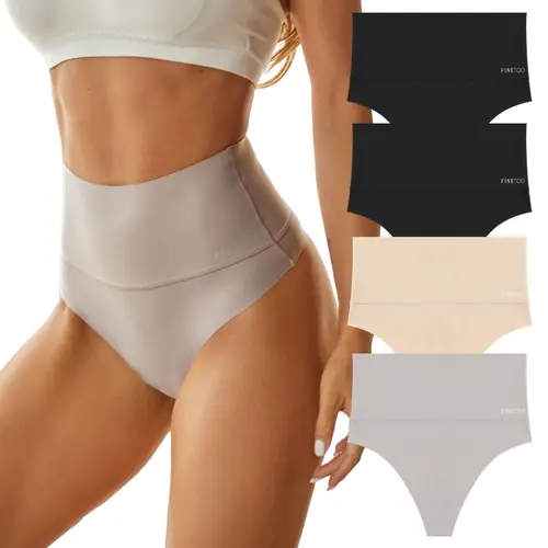 FINETOO Women's High-Waist Tummy Control Thongs - 4pcs Seamless Minimalist Panties, Wedding/Birthday Chic Basics for Dancing/Bikini Wear, S-XL