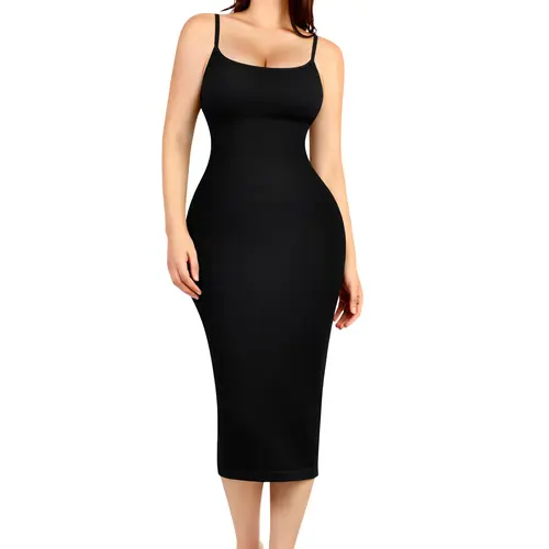 FeelinGirl Bodycon Dress For Women Built in Bra Ribbed Midi  Bodycon Maxi Dresses Sleeveless Spaghetti Strap 360° waist control Minimalist Summer Casual Womenswear