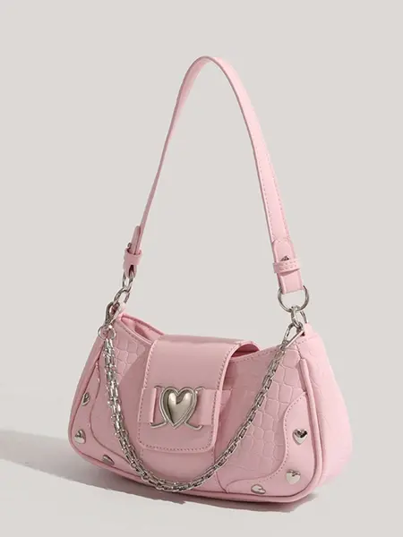 Women's Fashion Chain Decor Shoulder Bag, Heart Decorated Crocodile Textured Pu Leather Bag for Daily Used, Trendy All-match Underarm Bag, Cute Y2k Punk Style Hobo Dumpling Bag, Casual Zipper Purse, Chic Chain Crossbody, Stylish Crossbody, Fashion Bags