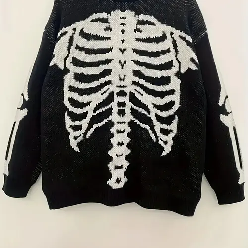 Women's Halloween Themed Skeleton Drop Shoulder Sweater, Casual Long Sleeve Round Neck Jumper, for Daily, Holiday and Vacation Wear, Women's Knitwear for Fall
