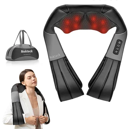 Nekteck Shiatsu Neck & Back Massager with Bag, Soothing Heat Electric Deep Tissue 3D Kneading Massage Pillow for Shoulder Leg Body Muscle Pain Relief 8 Soft Springy Massage Heads, Christmass Gifts