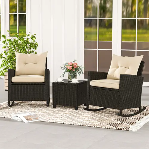 [Costway] Patio Rattan Rocking Chair with Seat Back Cushions and Waist Pillow, Sturdy Metal Frame, Mix Brown Outdoor Rocker for Balcony, Porch, Backyard, 3 Pieces Set/Single Rocking Chair-Deals for You Days
