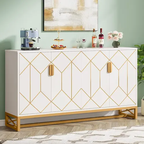 Tribesigns Sideboard Storage Cabinet 59 Inch White Gold Buffet Cabinet with Doors