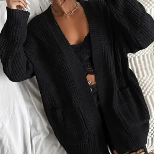 Women's Halloween Themed Plain Textured Drape Pocket Open Front Cardigan, Casual Style Long Sleeve Loose Fit Cardigan, Ladies Knitwear for Fall Daily Wear Womenswear Tops, Cardigan Sweater