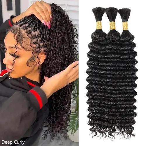 ISEE 1 Pcs/50g Natural Black & Highlight Brown Color Deep Wave & Afron Curly Bulk Hair Extensions For Braiding Deadlock Human Hair Vacation Hair #Summervibe#ISEECrochetNewArrivals