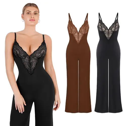 Popilush Women's Fitted Sleeveless Spaghetti Strap Lace Wide-Leg Bodysuit Jumpsuit - 4-Way Stretch Moves With You, Tummy-Trim Mesh, Basic Comfortable Womenswear