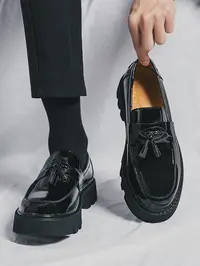 Men's PU Leather Shoes, British Style Fashion Trendy Fringe Round Toe Thick Sole, Casual All-Season Medium Width Footwear