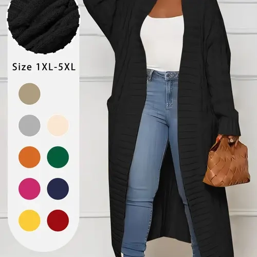Plus Plain Textured Drop Shoulder Cardigan, Casual Long Sleeve Pocket Coat for Women, Women's Plus Clothing for Spring & Fall, Fit