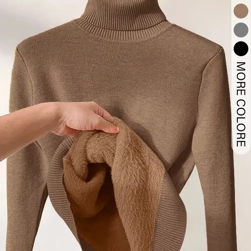 Women's Solid Thermal Lined Drop Shoulder High Neck Knitwear Sweater, Casual Solid Long Sleeve Jumper For Daily Outdoor Wear, Women Knit Top for Fall & Winter