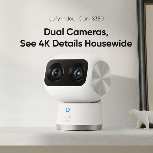 eufy Security Indoor Cam S350 Dual Lens Wireless Indoor Wifi Security Camera, 4K UHD High Definition, 8× Zoom, 360° PTZ, 8 Adaptive Infrared Lights, Human/Pet AI Tracking, Dual-Band Wi-Fi 6, Plug-In Smart Home Device (Baby Monitor) | Spingtok