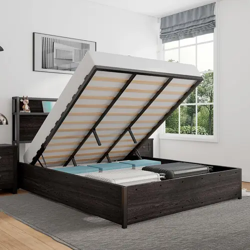 AMERLIFE Full Size Lift Up Storage Bed, Wood Platform Bed Frame with Storage Headboard & Charging Station, No Box Spring Needed, Easy Assembly/Best Gift Ideas/Christmas Gifts[TikTokShopFallDealsForYou]