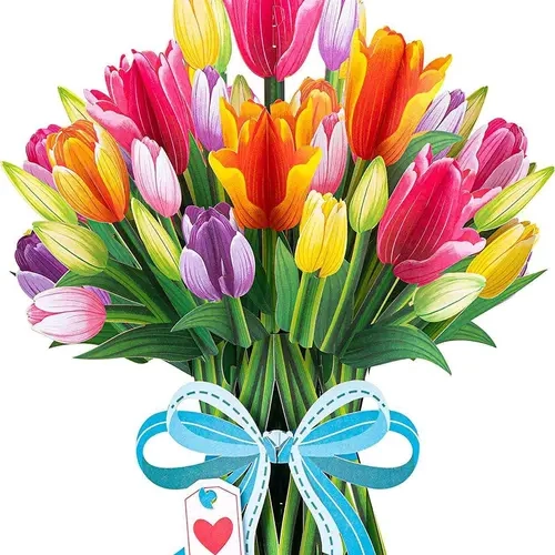 Paper Love HugePop 3D Popup Tulip Floral Greeting Card - Laser-Cut Office Stationery, 10x14in Interactive Surprise Gift with Vibrant Detachable Bouquet for Display, Happy Birthday & Mothers Day Card, Happy Birthday Card, 3D Card