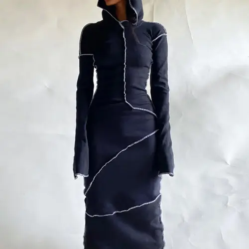 Women's Plain Polyester Drop Shoulder Hooded Bodycon Dress, Casual Chic Long Sleeve Solid Long Dress for Fall & Winter, Women's Clothing, Fit, Bodycon Fitted Dress