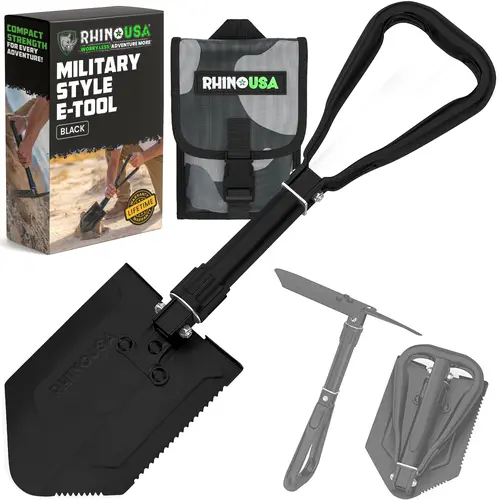 Rhino USA Folding Survival Shovel w/Pick - 3-in-1 Multipurpose Heavy Duty Carbon Steel Military Style Tool for Off Road Camping Gardening Beach Digging Dirt Sand Mud & Snow