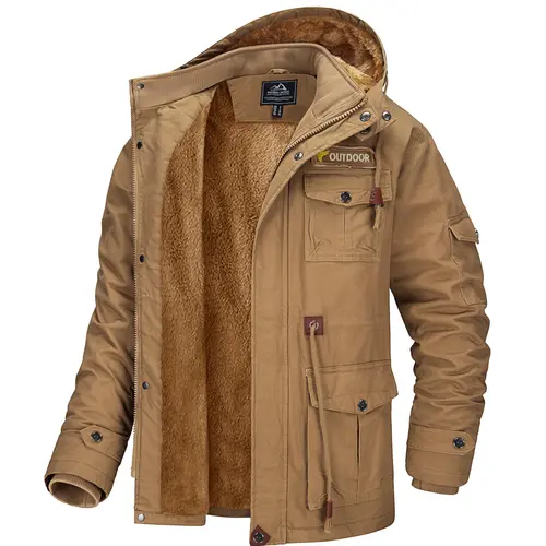 MAGCOMSEN Men's Fitted Winter Work Parka - Fleece Lined Cotton Fabric Shell, Windproof Hooded Cargo Jacket with Windproof Cuff, Zip Closure, Pockets, Long-Sleeve Casual Top