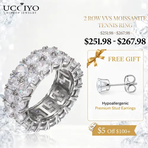 UCCIYO S925 Sterling Silver Double Row 10mm D Color VVS1 Synthetic Moissanite Unisex Tennis Ring - 2 Row Synthetic Diamond Fine Jewelry, Adults' Luxury Elegant Anniversary Photo Taking Accessory【#R34】