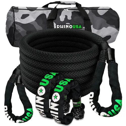 Rhino USA 7/8" x 30' Kinetic Rope Recovery Kit with Soft Shackles and Storage Bag - Heavy Duty Synthetic Fiber - 30,580lbs Breaking Strength