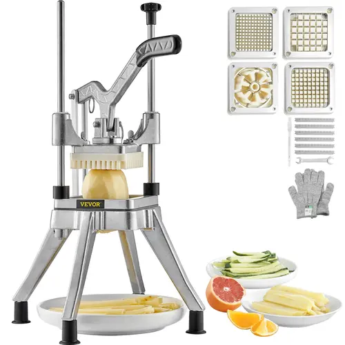 VEVOR Commercial Stainless Steel-Aluminium Veggie Chopper Utensils - 420J2 Safe Blades (1-1/2in, 2x3/8in), 6-Wedge Fruit Core, French Fry Cutter, Potato Dicer, Multi-Slicer, Quick Wash Parts, Multiple Thicknesses for Home Kitchens, Restaurants
