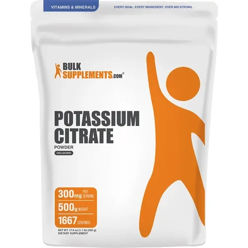 BulkSupplements Potassium Citrate Powder Dietary Mineral Supplement - 500g, 300mg per Serving - Sugar Free, Gluten Free - Bone-Support Aid, Acidity Relief, Muscle Recovery, Electrolyte Balance, Body Health - Easy to Mix into Water