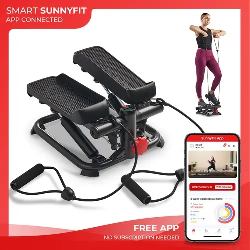 Sunny Health & Fitness Smart Mini Stepper with Resistance Bands, Total Full Body, Home Gym Workout Fitness, Adjustable Resistance & Height, Stabilizer for Balance, Performance Monitor, Compact Portable Home Cardio, Leg/Thigh/Glute Toner, 220 lbs Capacity