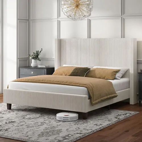 AMERLIFE Upholstered Platform Bed Frame, Wingback Bed with 50.8" Headboard, Corduroy/Solid Wood Leg/No Box Spring Needed/Noise Free/Best Gift Ideas/Christmas Gifts[TikTokShopFallDealsForYou]