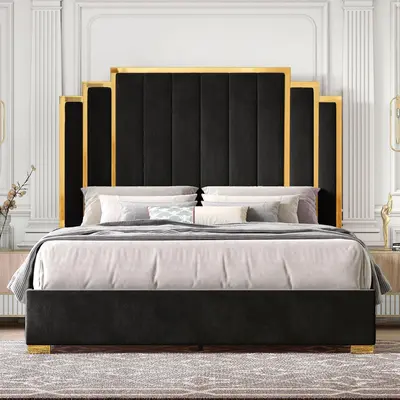 [Summerwins] AMERLIFE Bed Frame with 65" Headboard, Upholstered Platform Bed with Golden Plating Trim, Modern Luxury Bed Frame, No Box Spring Needed/No Mattress/Queen/King//Unique Bedroom Furniture/Best Gift Ideas/Christmas Gifts
