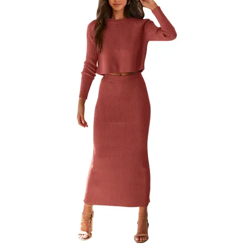 PRETTYGARDEN Women's Fall 2 Piece Sweater Set Rib Knit Long Sleeve Crop Top & Maxi Bodycon Skirt Casual Outfits Dress Elegant Suits