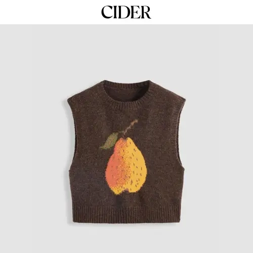 Knit Wool-blend Round Neckline Pear Graphic Vest