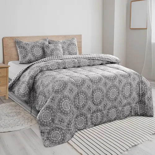 LDC LUX DECOR COLLECTION 5Pc Queen Reversible Comforter Set - Prewashed Soft Polyester Bed Set, Breathable All-Season Down Alternative Duvet Insert with Secure Corner Tabs & Pillow Shams