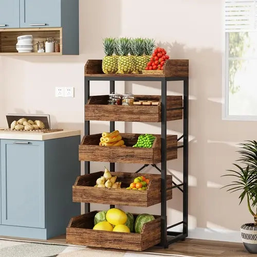 Tribesigns Wood & Metal Storage Rack, 5-Tier Utility Shelving Organizer, Multi-Purpose Snack Fruit Stand, 3 Versions Available: Pull-Out Drawer / Fixed Drawer / Fixed Drawer with Wheels, for Kitchen, Bathroom, Living Room, Bedroom & Study Room