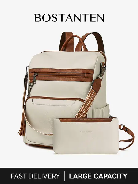 BOSTANTEN Backpack for Women Leather Womens Backpack Purse 2PCS Laptop Backpack Large Ladies Shoulder Bags with Wristlet,summerwins,campingessentials,campinggear,vacationoutfits,beachoutfits
