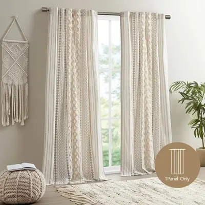Boho Curtains for Bedroom Single Panel Window Curtains for Living Room, Cotton Tufted Chenille Stripe Modern Farmhouse Light Filtering Drapes for Bedroom,