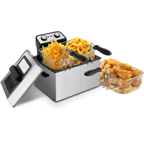 SUSTEAS Chrome Personal Deep Fryer for Home Use - 5.2 qt Capacity, 3 Baskets, 1800 W, 265°F to 375°F Absolute Temperature Control, Cool Touch Sides, Dishwasher Safe, Viewing Window, Lid Design, Ready-Heat Light, Convenient and Safe