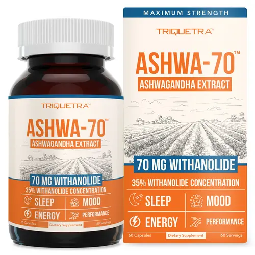 Triquetra Health Ashwa-70 Ashwagandha Extract - Organic Supplement for Health & Fitness Herbal Energy Capsules with 70mg of Withanolides for Sleep Mood & Performance 60 Servings