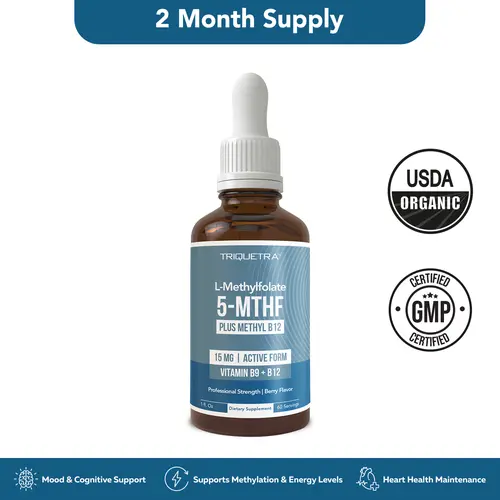 L- Methylfolate 15mg + B12 Pro Strength, Liquid 5-MTHF Form, Supports Mood, Methylation, & Cognition Supplement Energy Levels Vitamin Methylcobalamin