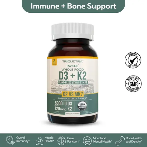 Organic Plant D3 + K2 Capsules - 5000 IU D3 + 120 mcg K2 (MenaQ7) - Whole Food, Vegan - Enhanced Digestion with Prebiotic Superfood Complex Natural