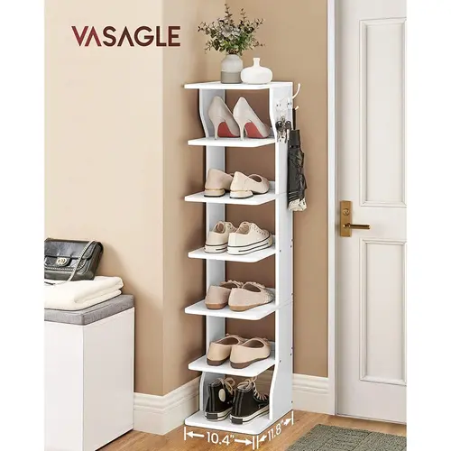 VASAGLE 7-Tier Shoe Shelf Organizer - Slim Profile Space-Saving Particleboard Shoe Stand, Closet Room Storage with Hooks, Accessory Bag, Stable Wall-Secure Kit, 22 lb per Tier, Ideal for College Dorm Organization Shelving