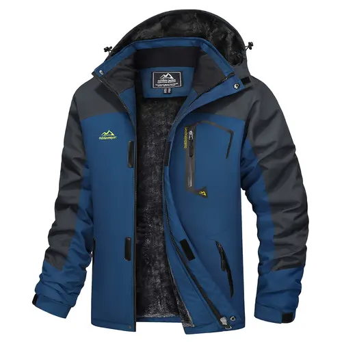 MAGCOMSEN Men's Fitted Winter Waterproof High Neck Ski Hiking Jacket Coat - Polyester Clothes Outerwear, Detachable Storm Hood, Warm Fleece, Multi-Pockets, Wind-Resistant Zip, for Skiing, Outdoor Travel