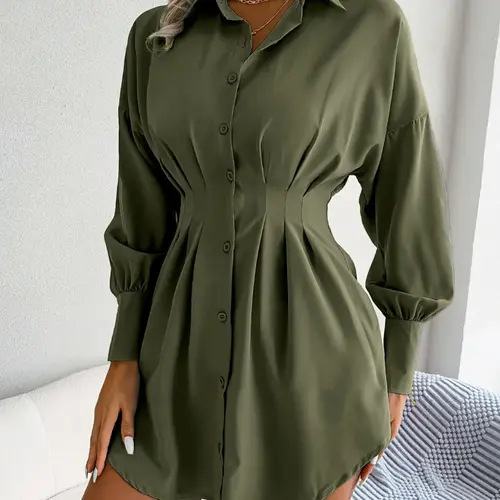 Women's Solid Curved Hem Ruched Button Front Shirt Dress, Casual Drop Shoulder Long Sleeve Short Dress for Spring & Fall, Dresses with Sleeves, Women's Clothes, Womenswear