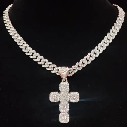 Fashionable Easter Rhinestone Cross Pendant Necklace for Men & Women, Couple Things, Zinc Alloy Hip Hop Cuban Chain Necklace, Jewelry for Daily and Party Wear, Cuban Link Chains