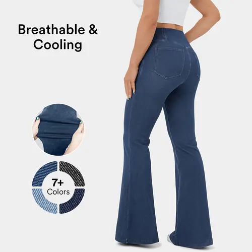 Halara Flex High Waisted Crossover Pocket InstantCool Washed Stretchy Knit Casual Super Flare Jeans Denim Pants